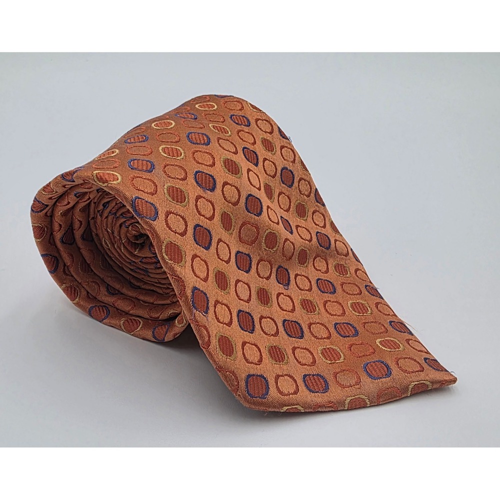 Vincent Di Mani Mens Silk Tie Orange Blue Geometric Square Pattern Hand Made 4in